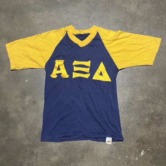Vintage 70s Alpha Xi Delta Blue/Yellow Russell Sorority Shirt - Picture 1 of 4